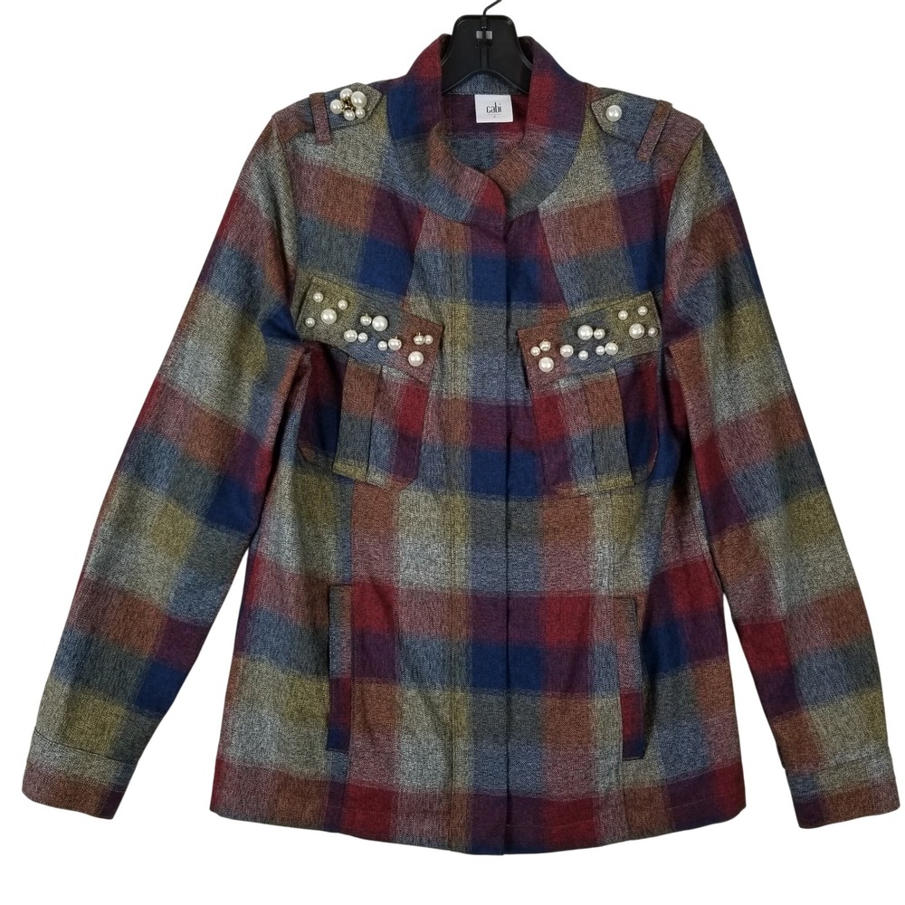 Cabi 3555 Pearl Embellished Plaid Jacket Small Red Blue Cotton Military Check